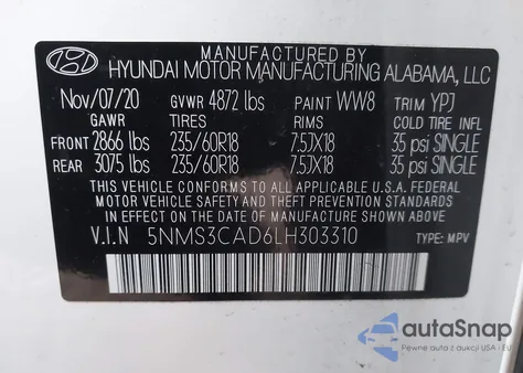 2020 Hyundai Santa Fe Sel from USA, damaged, VIN 5NMS3CAD6LH303310